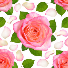 Seamless background with Pink roses and petals.