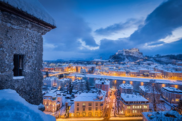 Twilight view of Salzburg in winter, Salzburger Land, Austria