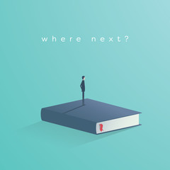 Education vector concept. Businessman or student standing on book looking at future. Symbol of career, job, graduate, achievement, wisdom.