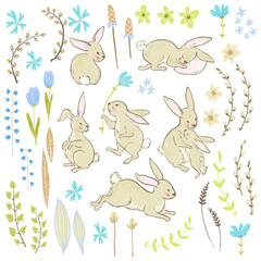 Vector sweet bunnies, flowers and branches, Easter cute collecti