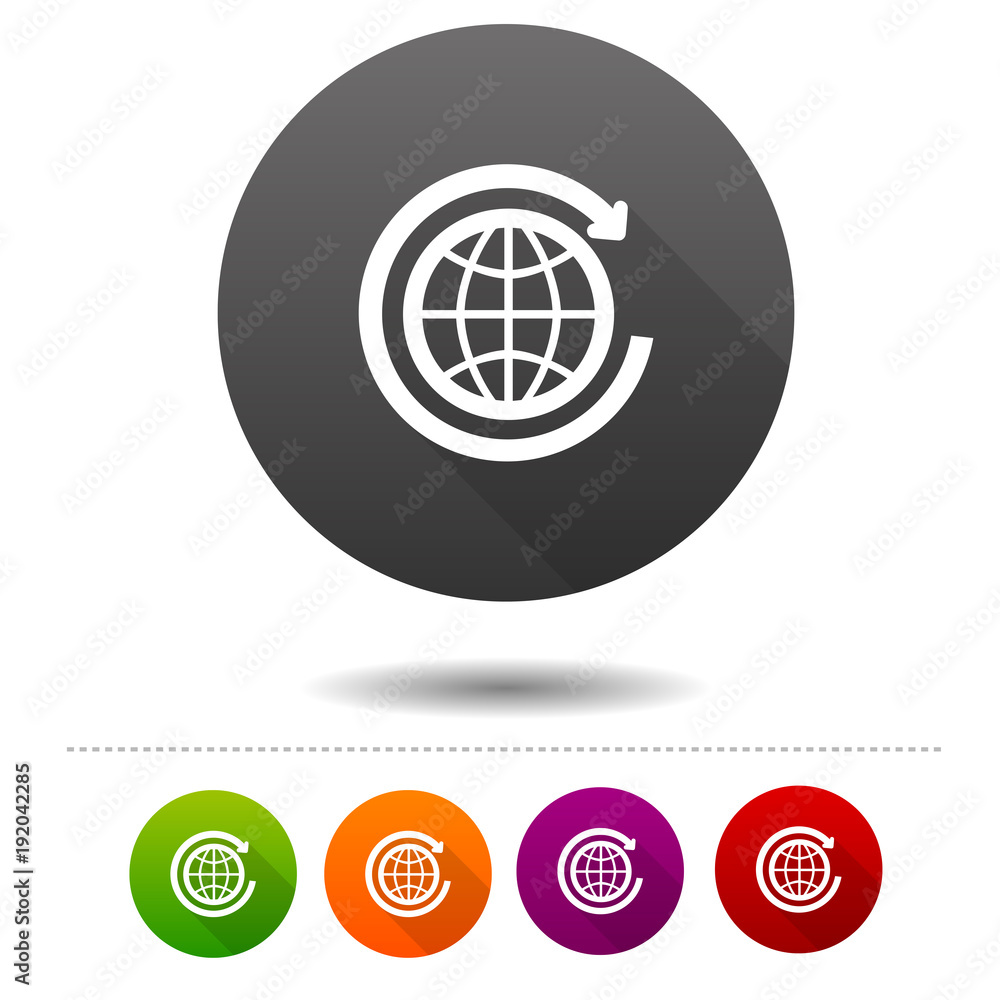Aufkleber globe icon. arrow round the world symbol sign. web button.