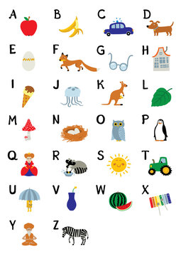 English Alphabet for children education with funny pictures of birds, animals and different objects
