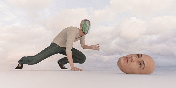 Robot man searching for removable face mask