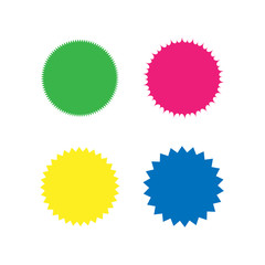 Set of vector starburst, sunburst badges. Different color. Simple flat style Vintage labels. Colored stickers.