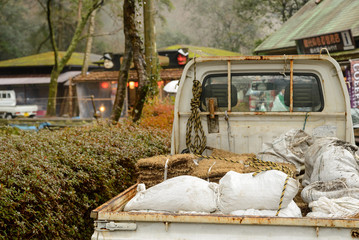 Close-up detail of a miniature pickup truck filled with stacks of hay and sacks of fertilizer...
