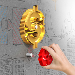 Hand holding gear to combine with currency symbol gear