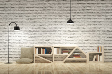 Lamps with bookcase on wooden floor and bricks wall