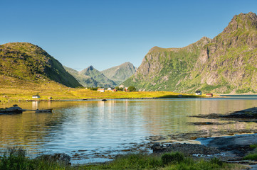 Coast landscape on Lofoten islands in northern Norway. Lofoten is a popular tourist destination