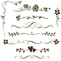 Set of calligraphic floral elements with hearts for wedding invitation design. Vector decorative ornament with flower silhouette. Dividers and frame elements