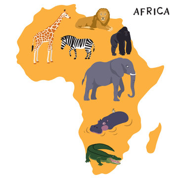 African animals ( giraffe, zebra, lion, gorilla, hippo, crocodile, elephant)  against the silhouette of the African continent