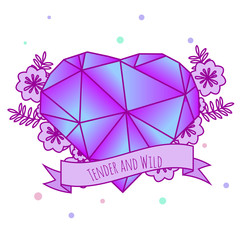 Geometric crystal heart with flowers and inspirational slogan on ribbon. Girls tattoo. Vector illustration in pastel gothic. Print, sticker for females, women