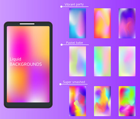 Smartphones wallpaper, lockscreen. Trendy liquid colors. Smudged, holographic vibrant backgrounds for mobile