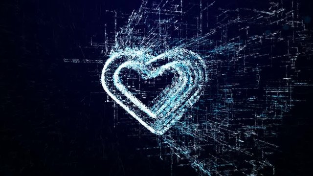Heart icon consisting of interactive digit and symbol. Love icon in digital cyber space
