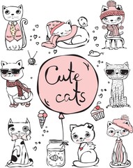 Vector illustration of cat set for greeting card design, t-shirt print, inspiration poster.