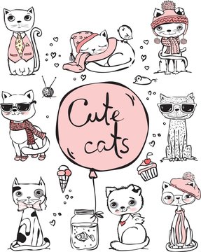Vector illustration of cat set for greeting card design, t-shirt print, inspiration poster.