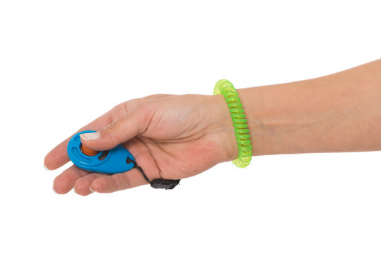 Hand h&auml;lt Clicker f&uuml;r Clickertraining