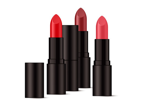 Realistic lipsticks in glossy black packaging. Isolated on white background. Vector illustration.
