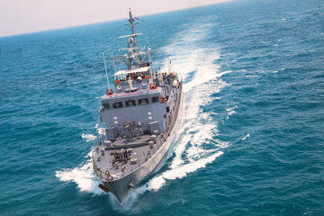 Military navy ships in a sea bay view from helicopter © namning