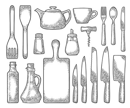 Set Kitchen utensils. Vector vintage engraving