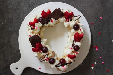 Homemade Trending Heart shaped Cream Tart  Monogram cake , selective focus