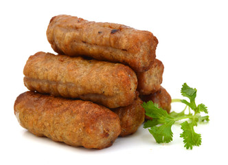 Cooked sausages arranged in a row,