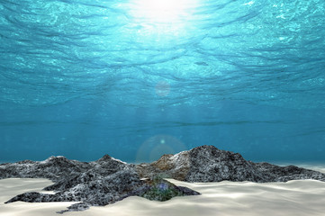 Abstract under sea background, white sand and stone with sun ray for your design. Digital generating   image. 3D illustration.