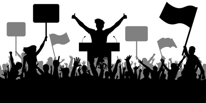 Oratory art, politics. Crowd of people demonstrating silhouette. Demonstration isolated on white background, vector