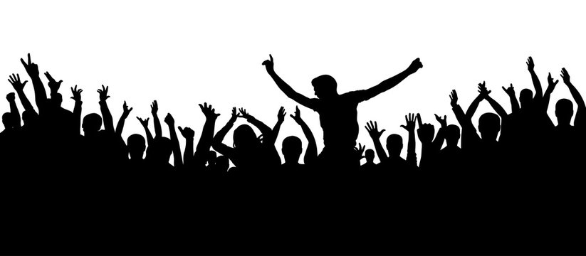 Party people, applaud. Cheerful crowd silhouette background. Fans dance concert, disco.
