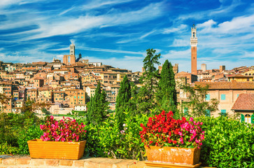 Beautiful panoramic view of the historic city of Siena at sunset with an amazing cloudscape on an idyllic summer evening in Tuscany, Italy - obrazy, fototapety, plakaty