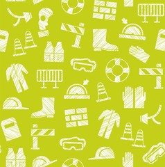 Safety at work, labour protection, seamless pattern, yellow-green, shading with pencil, vector. Special clothing and means of protection. Safety on the job. Vector pattern.