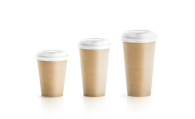 Blank craft brown paper cup mockup isolated, 3d rendering. Empty polystyrene coffee drinking mug...