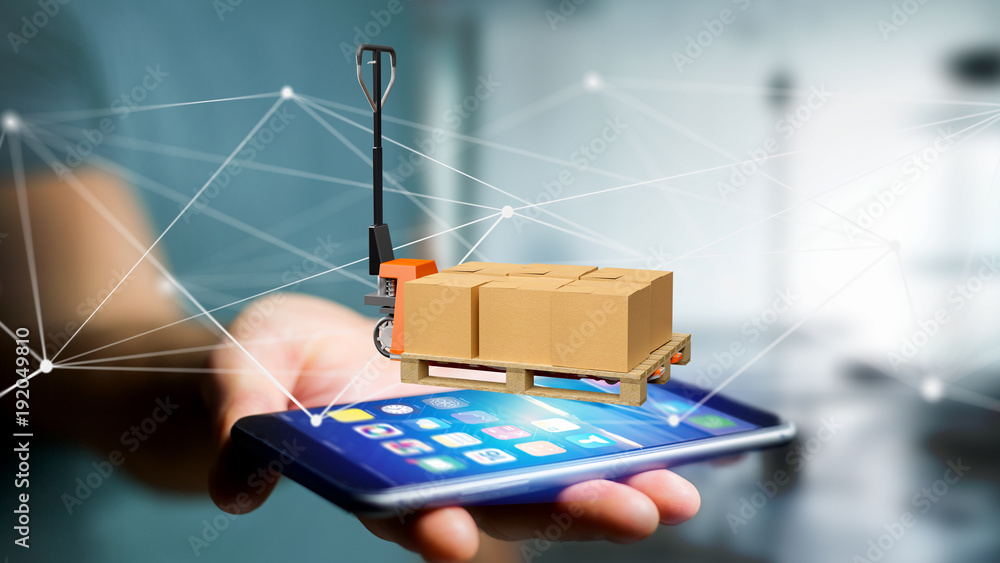 Poster pallet truck and carboxes with network connection system - 3d render