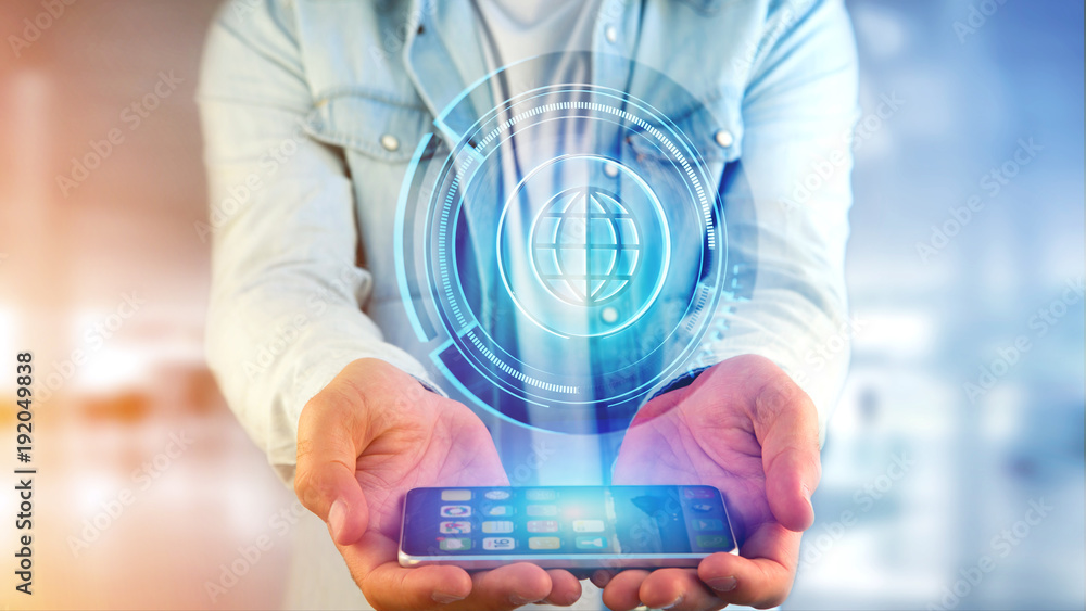 Poster businessman using a smartphone with a shinny technologic globe button - 3d render