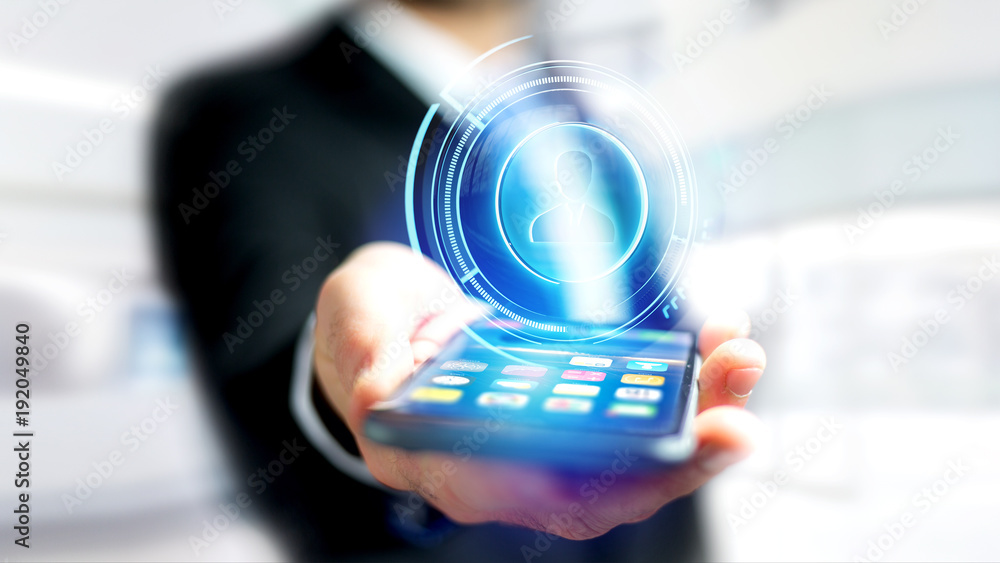 Poster businessman using a smartphone with a shinny technologic network contact button - 3d render