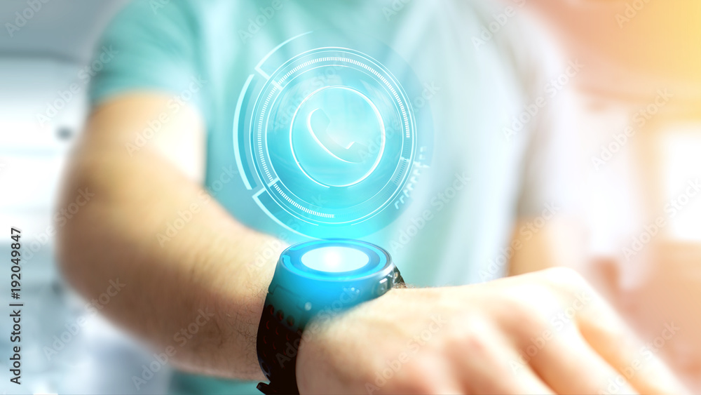 Poster businessman using a shinny technologic phone button on his smartphone - 3d render