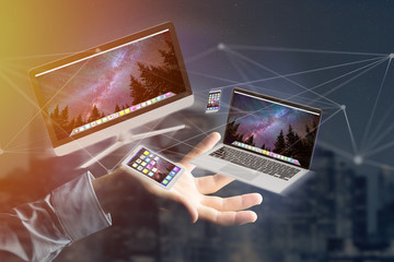 Devices like smartphone, tablet or computer flying over connection network - 3d render
