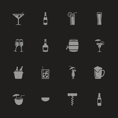 Alcoholic icons - Gray symbol on black background. Simple illustration. Flat Vector Icon.