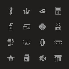 Aquarium icons - Gray symbol on black background. Simple illustration. Flat Vector Icon.