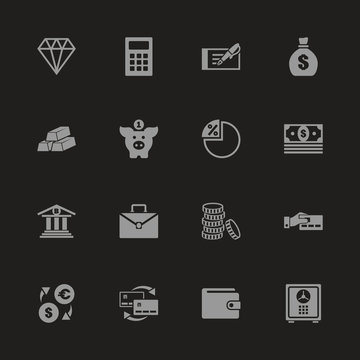 Banking icons - Gray symbol on black background. Simple illustration. Flat Vector Icon.