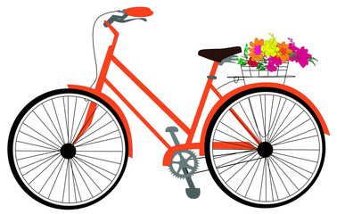 Fototapeta na wymiar Orange bicycle with flowers in basket. Hipster city urban transportation