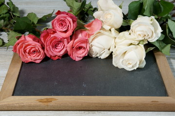 Pink and white Roses on a grey slate