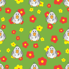 Fototapeta premium Flat line color vector seamless pattern cute animal for baby products - duck. Cartoon style. Childrens doodle. Flowers. Newborn. Vector illustration, element for your design, wallpaper. Kids. Farm.