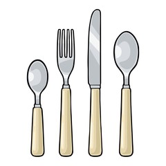 Cutlery set with knifes, spoons and fork. Vector vintage engraving