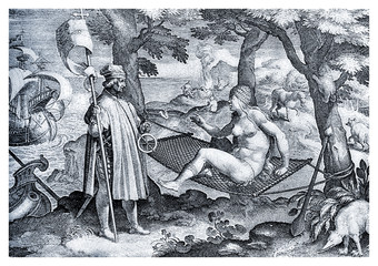 First encounter of navigator Amerigo Vespucci with native Americans,allegorical illustration XVI century