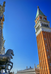 Fototapeta na wymiar Campanile Bell Tower Saint Mark's Basilica Horses Piazza Venice Italy
