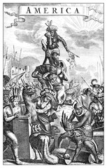 Allegorical representation of South America and native people, year 1673 illustration