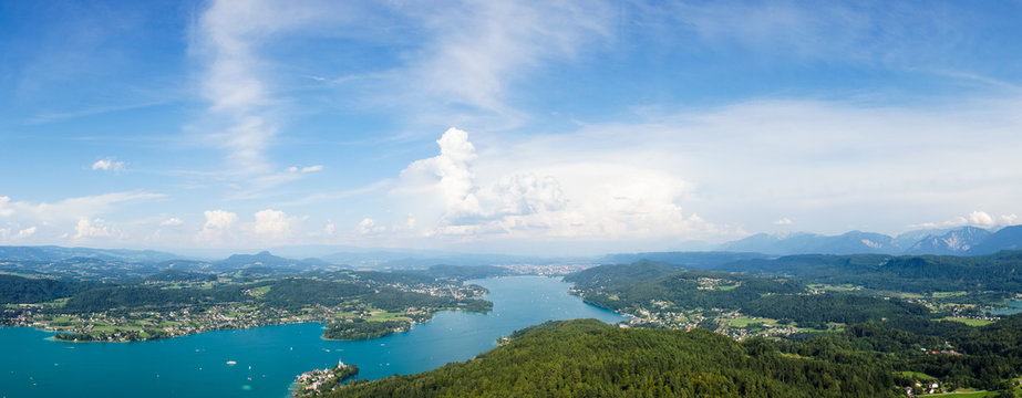 Fantastic panoramic view over The Lake Faak / Carinthia / Austria. Beautiful aerial view over lake and mountains, Austria summer nature outdoor landscape.
