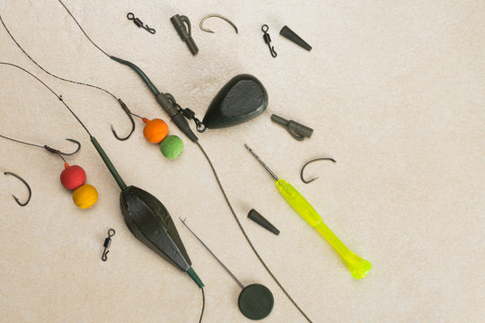 Baits, hooks, sinkers, ledcor is preparing for carp fishing. Copy paste