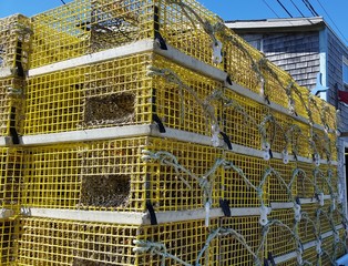 Large, Yellow Lobster Cages, Stacked High on a Fishing Dock, Close Up; Seaside, Fishing Industry