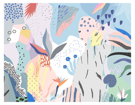 Creative universal artistic floral background. Hand Drawn textures. Trendy Graphic Design for banner, poster, card, cover, invitation, placard, brochure or header.